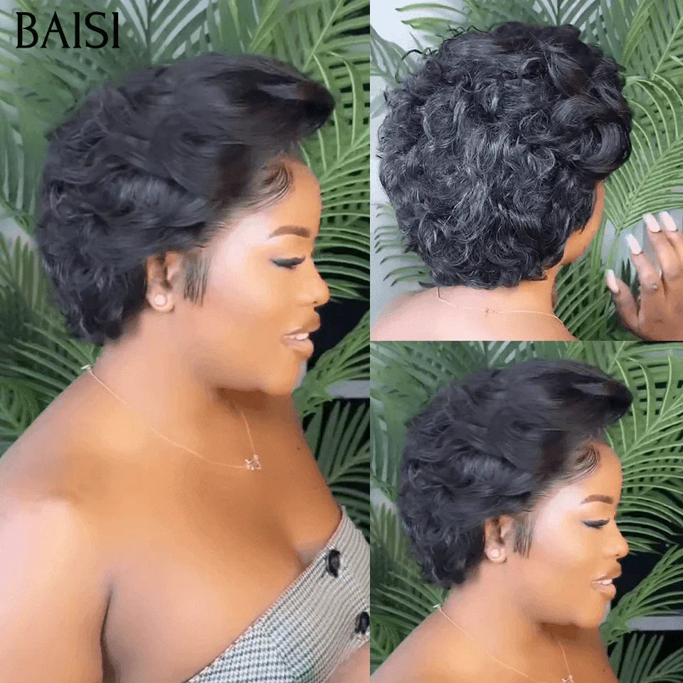 BAISI Offre Flash 13x4 Perruque Pixie boucles en mixte miel ou Noir Moitié Prix 50€ 200% densité Orange Pixie Coupe Pré-plucked 100% Cheveux Humains MP50