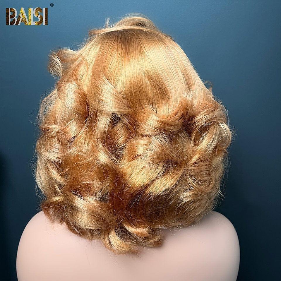 BAISI 13x4 Frontal Perruque grosse boucles 12 pouces En Couleur Miel avec Racine Marron 4T27# 149€ en 100% Vrais Cheveux Humains BS120