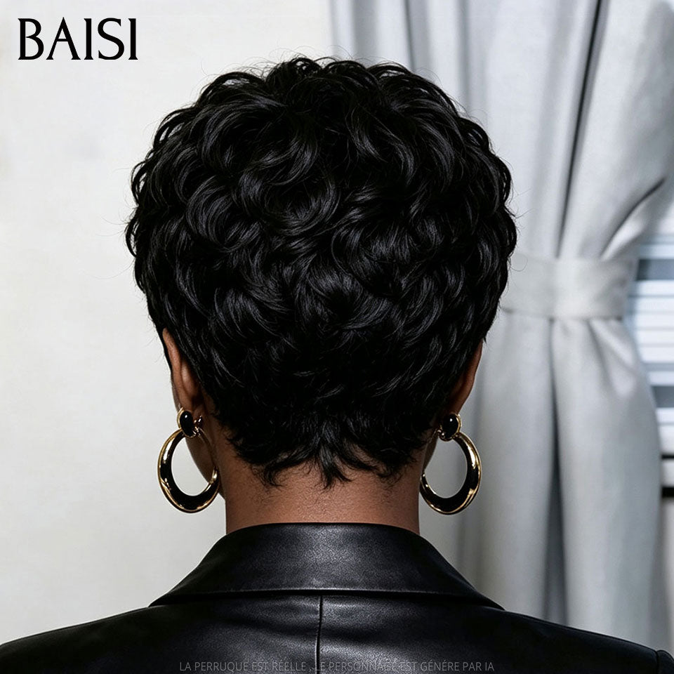 BAISI Perruque Chiomas 59€ Pixie Finger Wave petite coupe Lace Frontale en Couleur NOIR 68€ En 100% Cheveux Humains