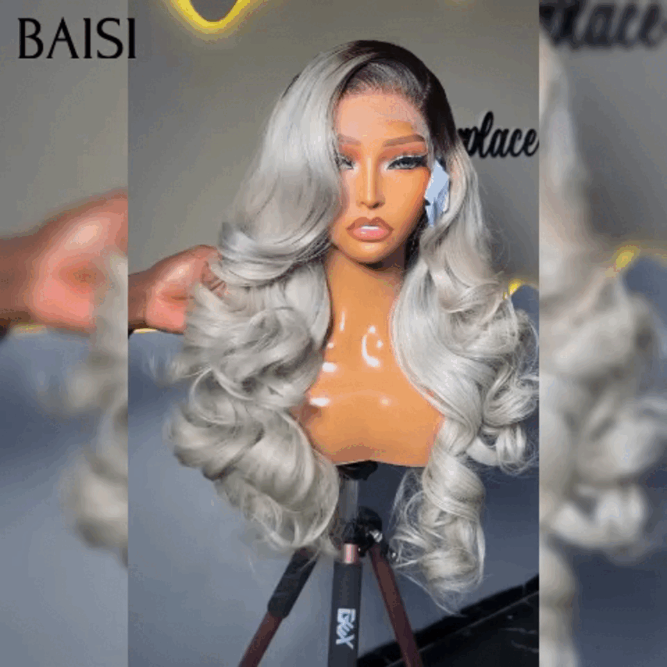 BAISI Collection Pepe e Sale 13X4 Frontal Parrucca Body Wave grigio chiaro misto violetto In 100% Capelli Umani Veri