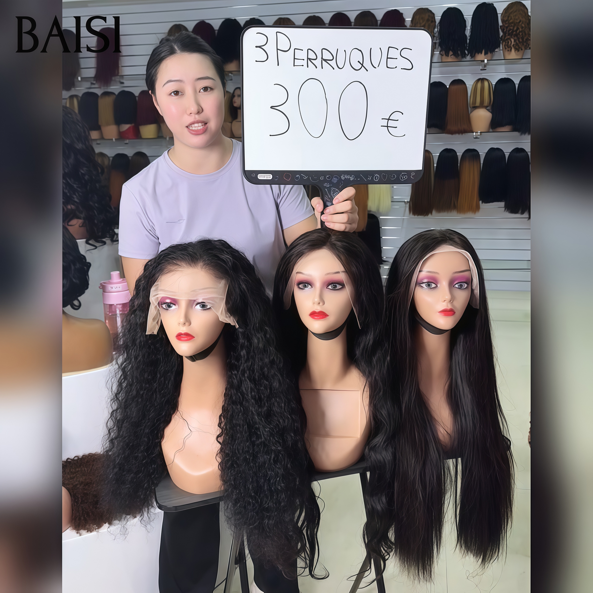 BAISI 13x4 Lace Lot 3 Perruques 300€ Noir 18Pouces Lisse+Curly+Body Wave Ou Lot de 3 Perruques 360€ Bob 10Pouces + Bodywave 16pouces + Lisse Miel 20Pouces en 100% Cheveux Humains