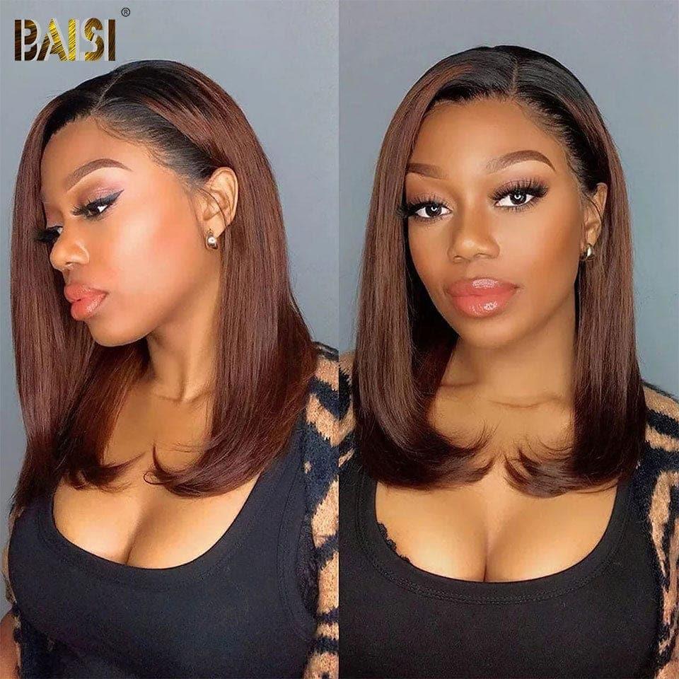 BAISI Perruque 13X4 carrée lisse en couleur marron Pré-plucked Pas Besoin de Colle en 100% Raw Hair Lace déjà couper