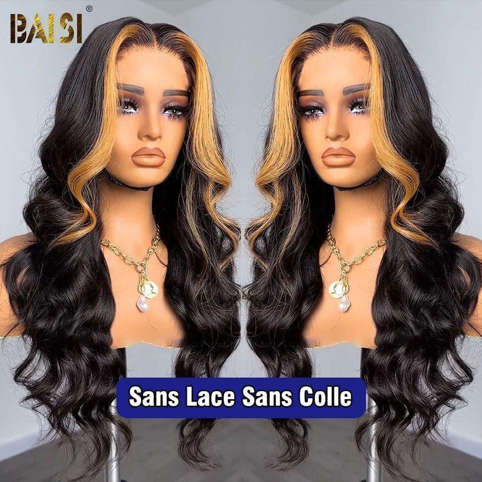 BAISI 4x4 closure Body Wave Wig in color 1b strands #27 Pre-Plucked No Glue Needed in 100% Raw Hair Lace already cut