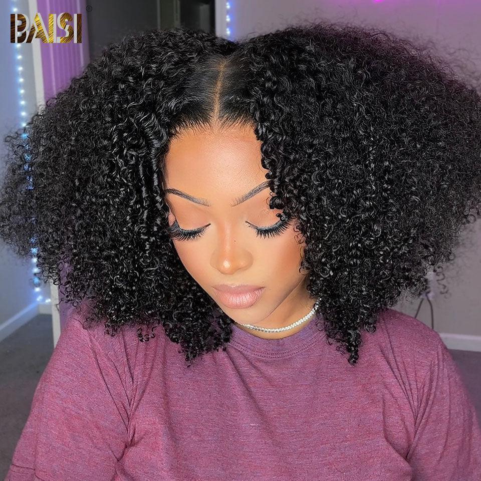 BAISI 4x4 Perruque Bob Deep Wave 10 Pouce en Noir Sans Colle Lace déjà couper Facile à Porter en 100% Cheveux Humains D