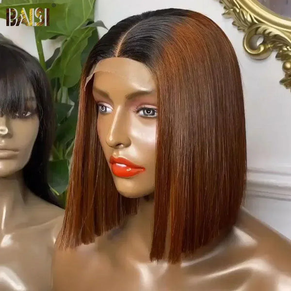 BAISI 4X4 Perruques de Luxe Haute Qualité 200% Densité Lisse 12 Pouce Marron avec racine noir 1BT4# A1 Fabriquées par les cheveux double drawn mèches vièges volume plus de 20 ans d' utilisations