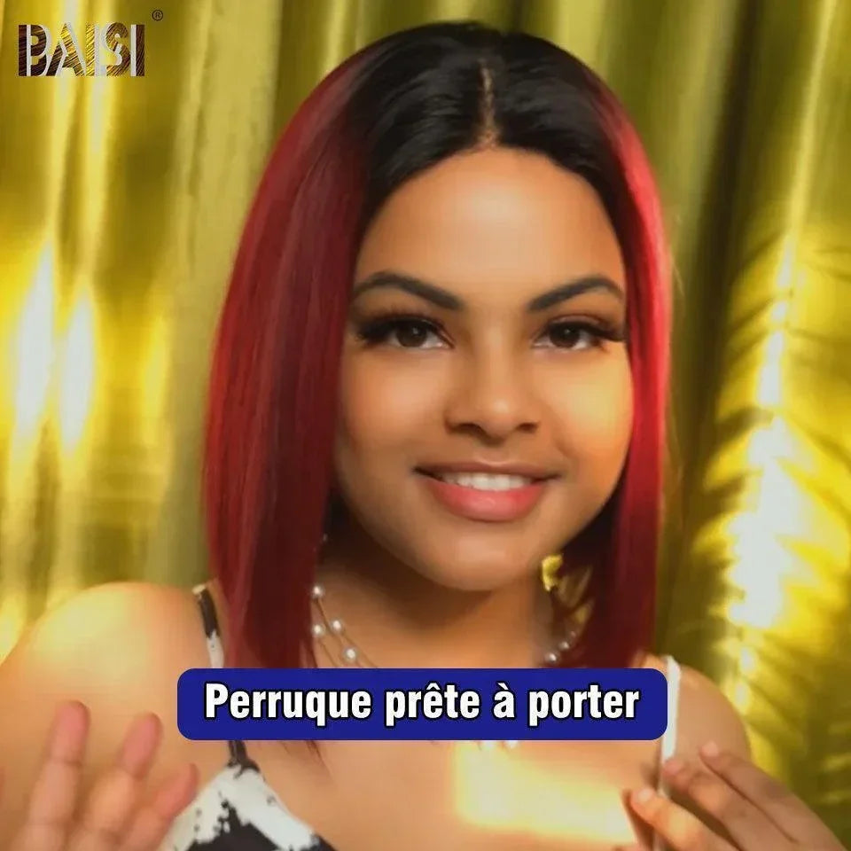BAISI 4X4 Straight Bob Wig In Burgundy 1B99J Pre-Plucked No Glue Needed in 100% Raw Hair Lace Already Cut
