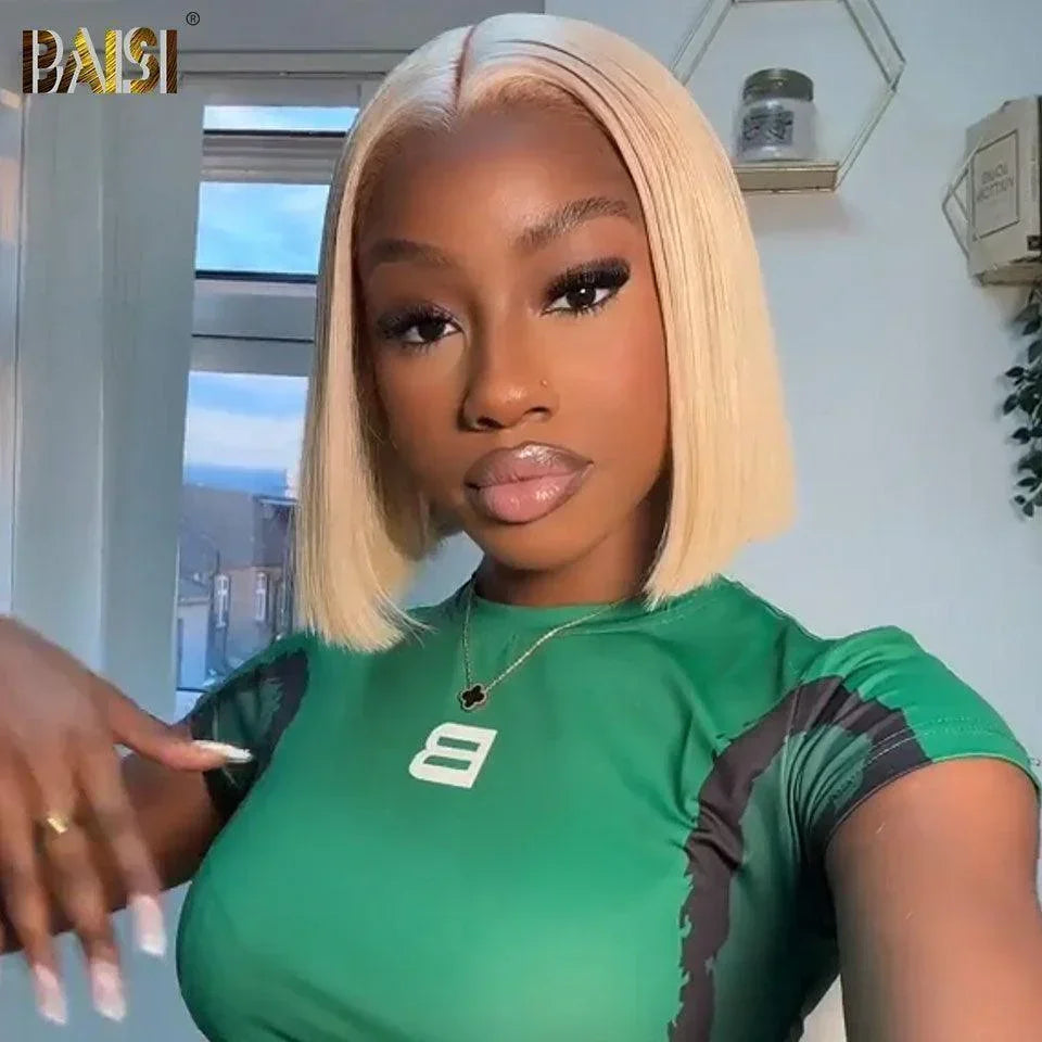 BAISI 4X4 Straight Bob Wig In Blonde #613 Pre-Plucked No Glue Needed in 100% Raw Hair Lace Already Cut