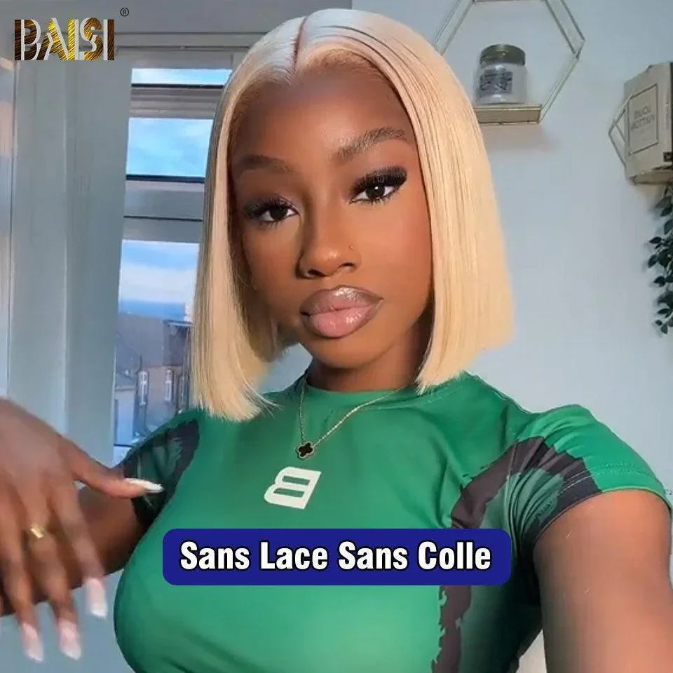 BAISI 4X4 Straight Bob Wig In Blonde #613 Pre-Plucked No Glue Needed in 100% Raw Hair Lace Already Cut
