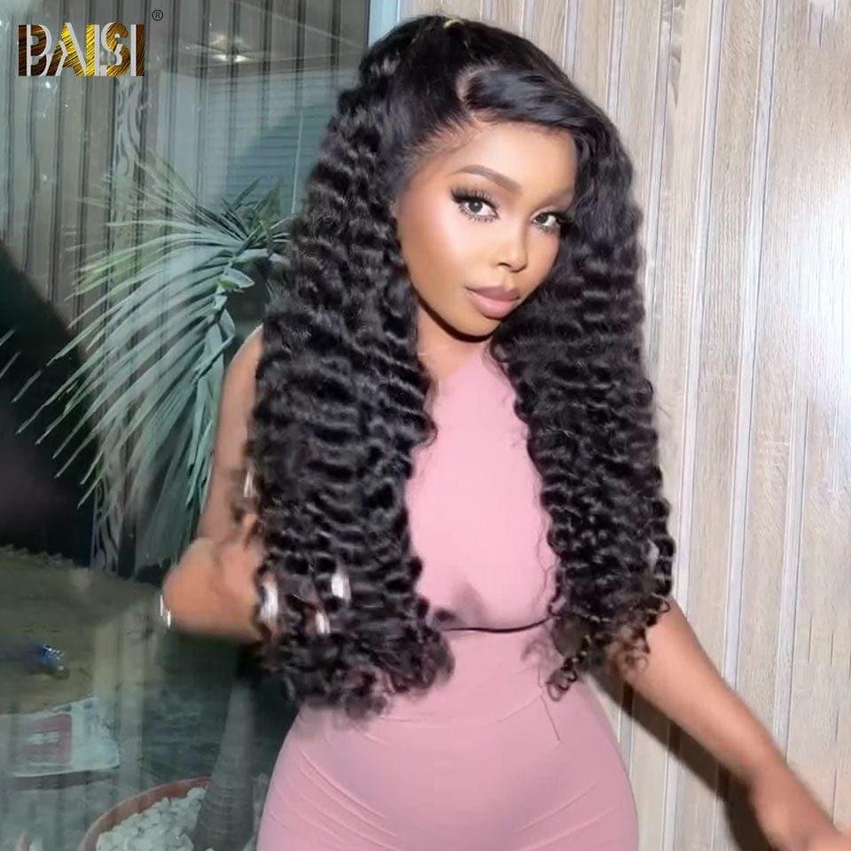 BAISI 4x4 Perruque Deep Wave 18 Pouce 152€ en Noir Sans Colle Lace déjà couper Facile à Porter en 100% Cheveux Humains