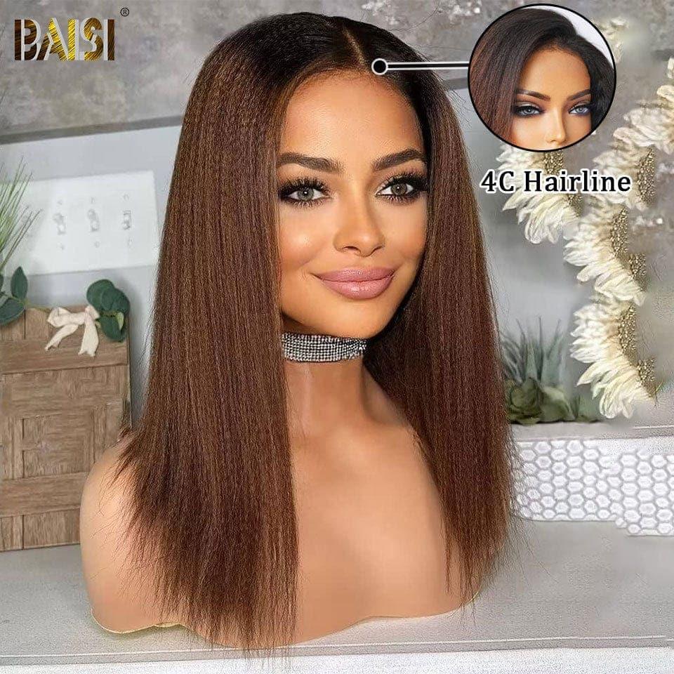BAISI 4x4 Perruque bob Kinky Straight Marron 1BT4# en haut de gamme avec les Baby Hair naturel Pré-plucked Pas Besoin de Colle en 100% Raw Hair Lace déjà couper 4C Hairline