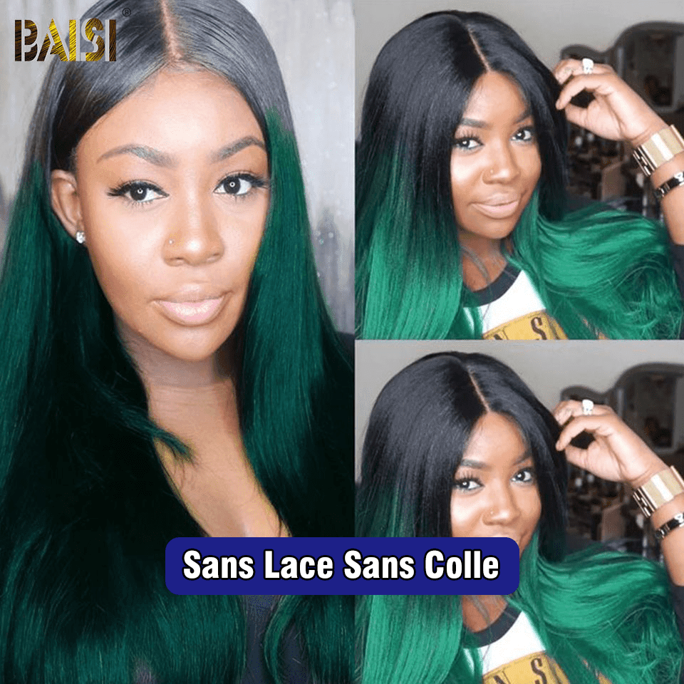 BAISI 4x4 Straight Wig in Color #1B Green Glueless Lace Front Cut Easy to Wear in 100% Human Hair