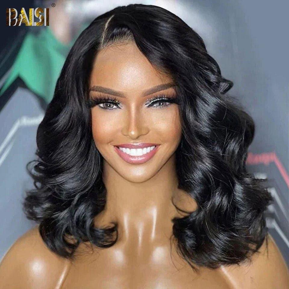 BAISI 4x4 Bob Body Wave Wig in Black Glueless Lace Front Cut Easy to Wear 100% Human Hair
