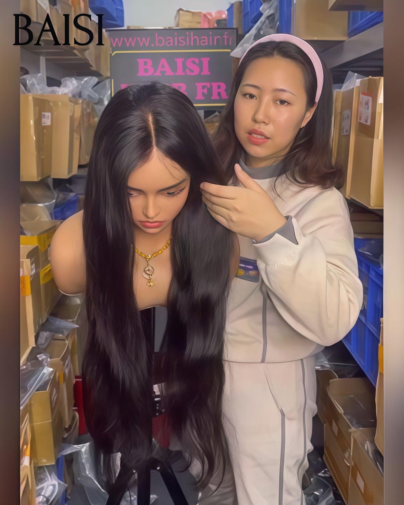BAISI 13x6 Frontal Straight Wig Pre-plucked No Glue Needed 100% Raw Hair Lace Pre-cut B