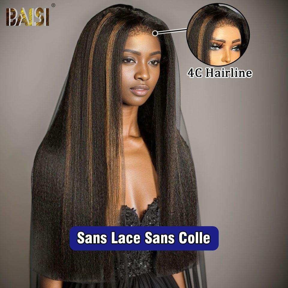 BAISI 4X6 lace perruque Kinky Straight en couleur #1B mèches #27 en haut de gamme avec les Baby Hair naturel sans lace sans colle 100% vrais cheveux humains 4C Hairline