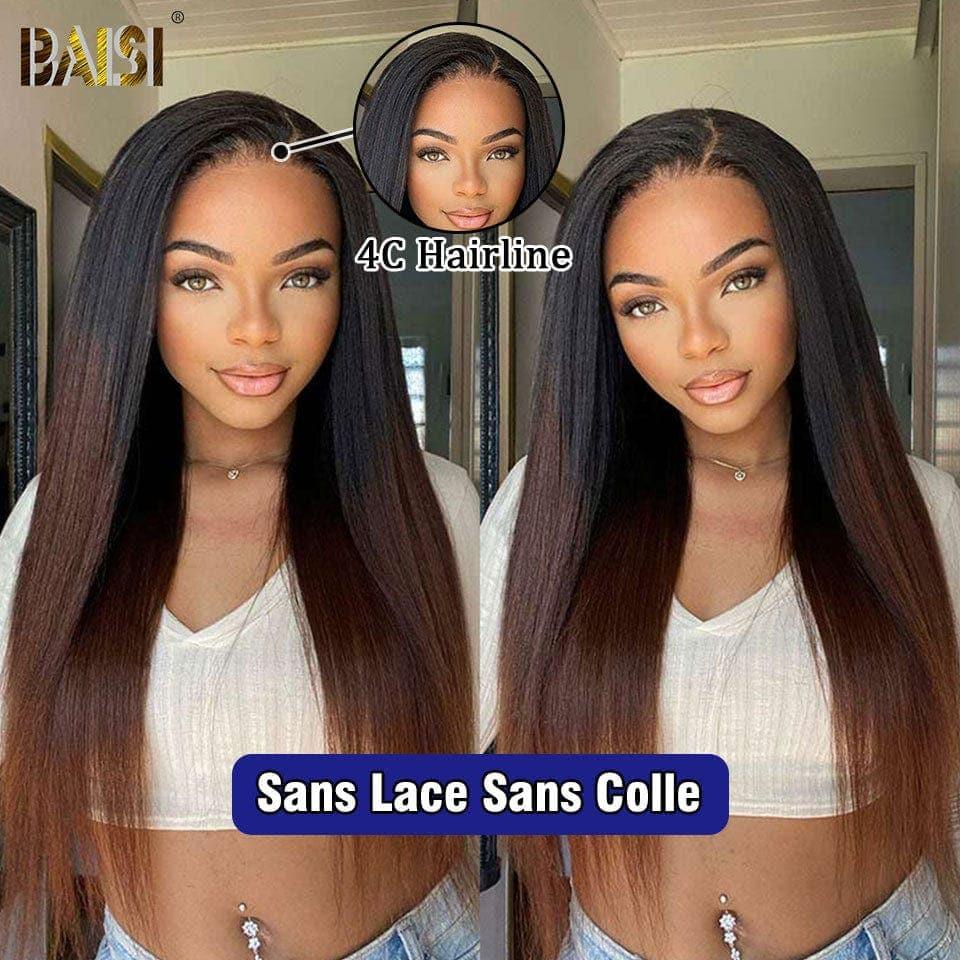BAISI 4X6 lace perruque Kinky Straight en Marron #1BT4 en haut de gamme avec les Baby Hair naturel sans lace sans colle 100% vrais cheveux humains 4C Hairline