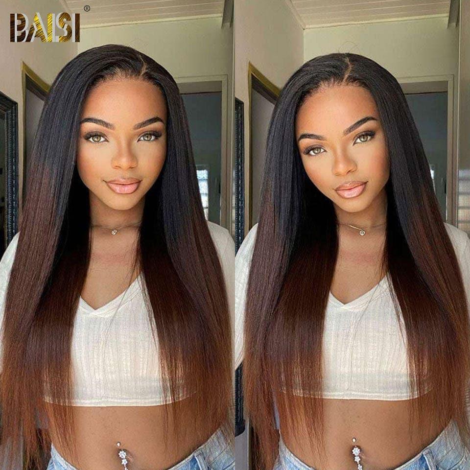 BAISI 4X6 lace perruque Kinky Straight en Marron #1BT4 en haut de gamme avec les Baby Hair naturel sans lace sans colle 100% vrais cheveux humains 4C Hairline