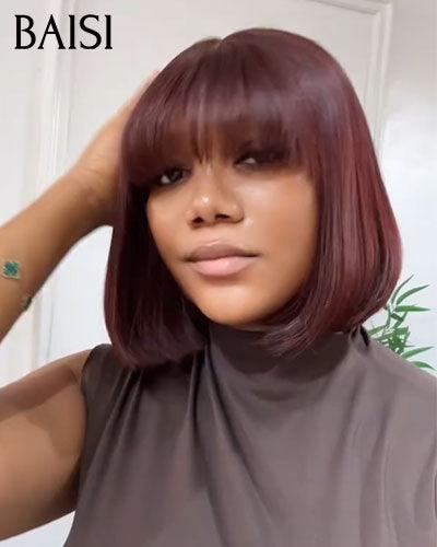 BAISI parrucca Bob liscia con frangia in 3 colori Bordeaux unisex NERO o Arancione o 99J# a metà prezzo in 24H 76€ in 100% capelli umani