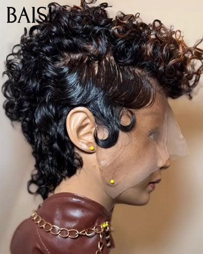 BAISI 13X4 lace Perruque Pixie vague Coiffure 6 Pouces curly wave Couleurs personnalisées noir mix marron 139€ en 100% Cheveux Humains FR38