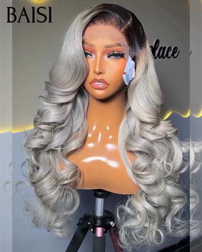 BAISI Collection Pepe e Sale 13X4 Frontal Parrucca Body Wave grigio chiaro misto violetto In 100% Capelli Umani Veri