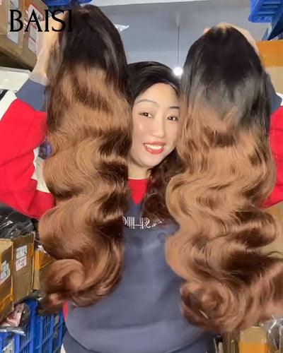 BAISI 13x4 Perruque Body Wave en Marron #1B4 18 pouces 150€ Pré-plucked Pas Besoin de Colle en 100% Raw Hair Lace déjà couper