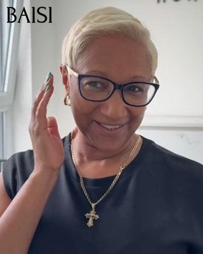 BAISI Perruque Pixie bouclé petite coupe Noir 6 pouces 59€ ou 13X4 pixie Lisse 1B#Mix30# 78€ ou blonde 613# 89€ En 100% Cheveux Humains