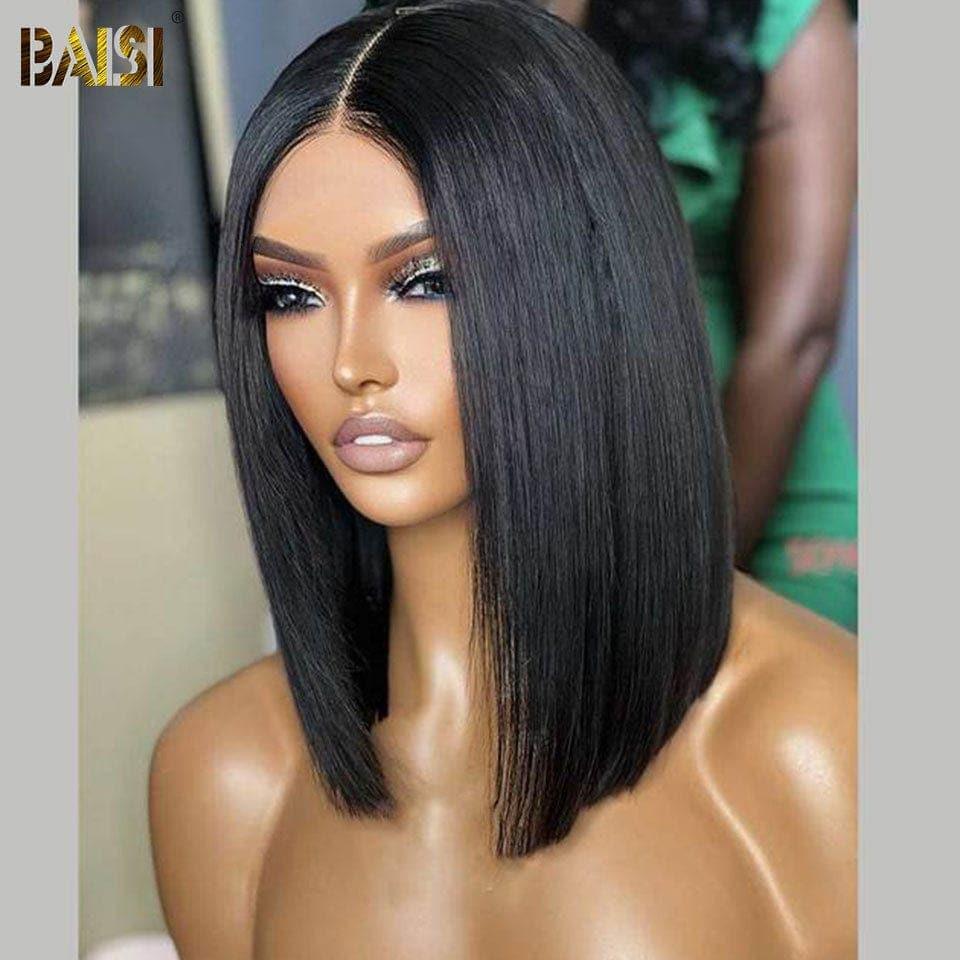 BAISI 4x4 Perruque Bob Lisse 10 Pouce 88€ en Noir Sans Colle Lace déjà couper Facile à Porter en 100% Cheveux Humains D