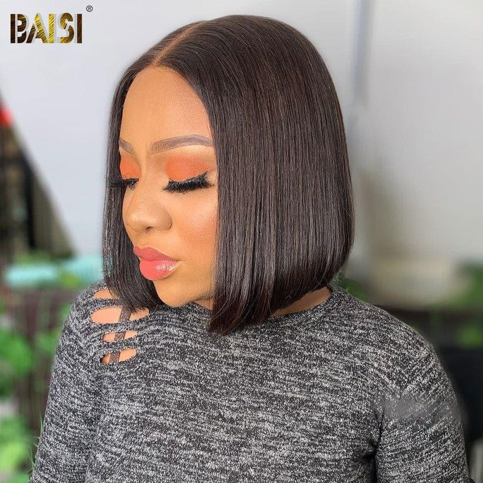 BAISI 4x4 Peruca Bob Lisa 8 Polegadas em Preto em 100% Cabelo Humano D
