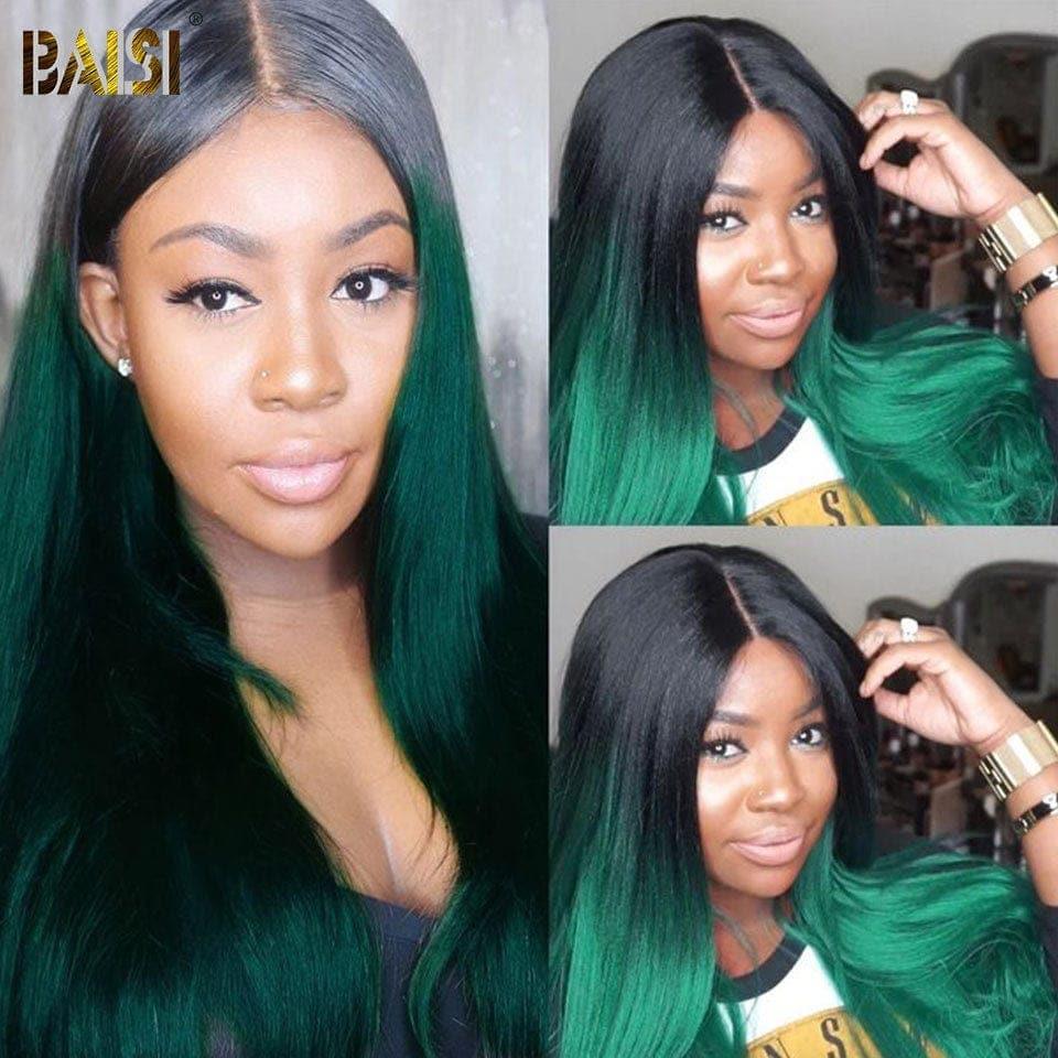 BAISI 4x4 Straight Wig in Color #1B Green Glueless Lace Front Cut Easy to Wear in 100% Human Hair