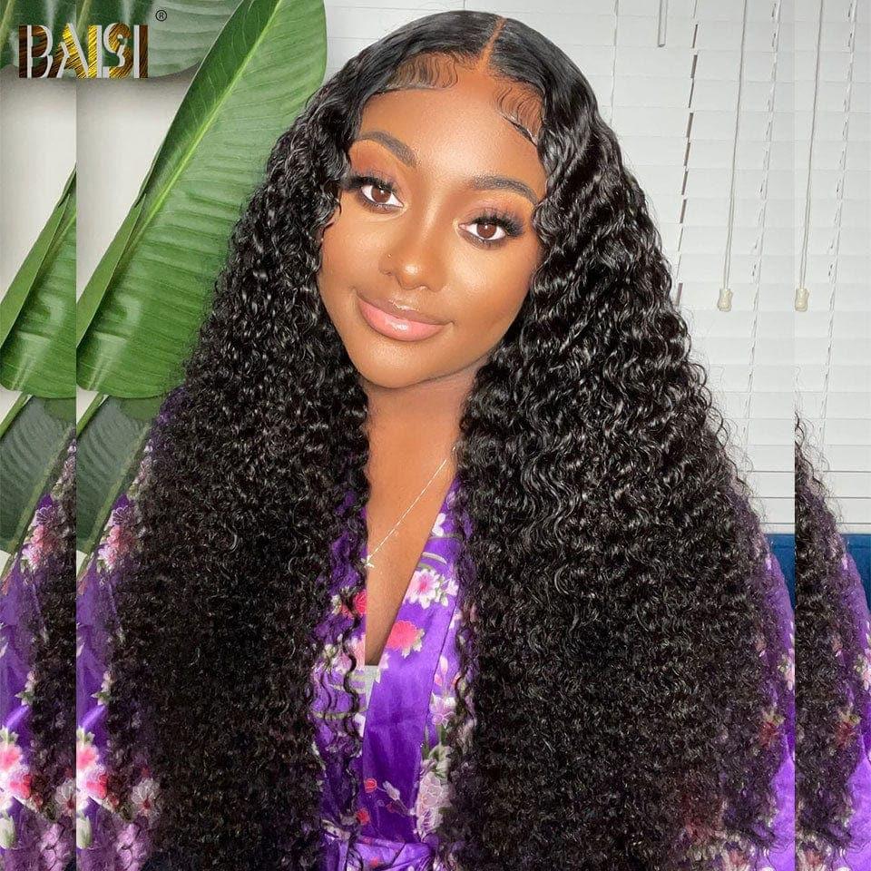 BAISI 4x4 Curly Wig in Black Glueless Lace Already Cut Easy to Wear 100% Human Hair