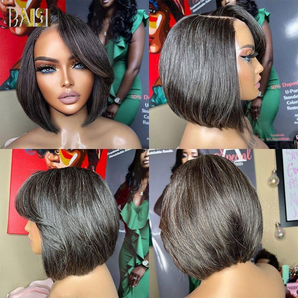 BAISI Coleção Sal e Pimenta 4X4 Peruca Bob Liso corte na moda cor cinzenta mesclada 8 polegadas 98€ Pré-desfiada Sem necessidade de cola em 100% Raw Hair Lace já cortada