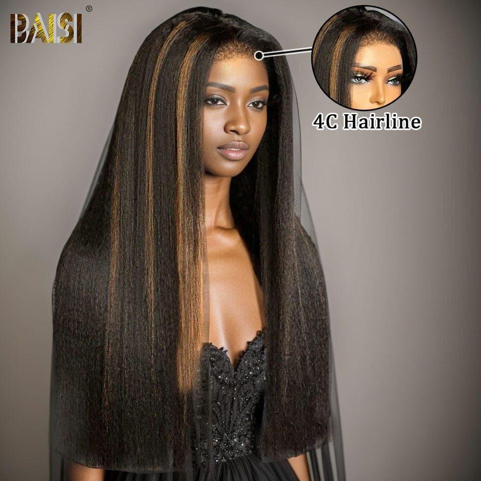 BAISI 4X6 lace perruque Kinky Straight en couleur #1B mèches #27 en haut de gamme avec les Baby Hair naturel sans lace sans colle 100% vrais cheveux humains 4C Hairline