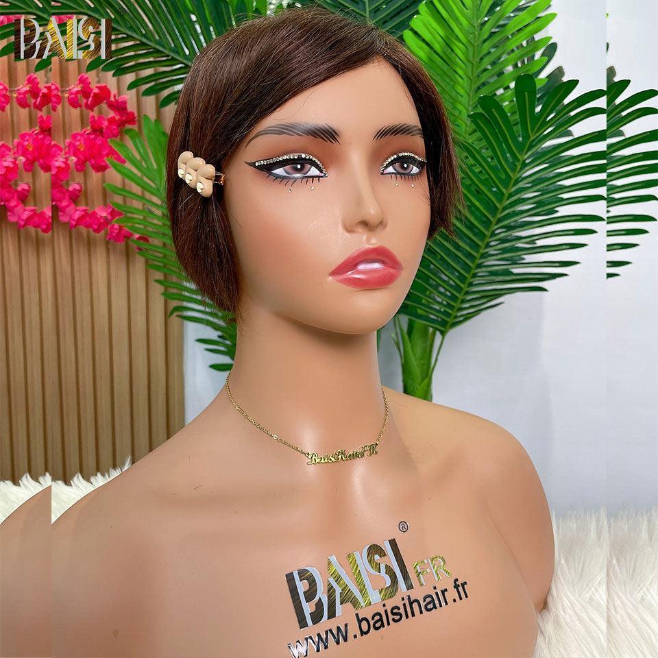BAISI Achetez 2 perruques minimum au prix d'usine fournisseu Perruque Pixie Lisse En Couleur Marron ou curly wave NOIR en 100% Cheveux Humains Fabriquée A La Machine Pas Besoins De Code