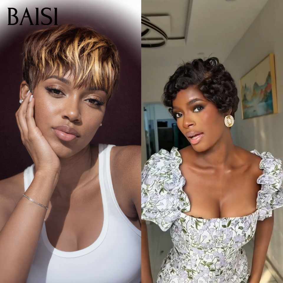 BAISI 2 Courte 76€ pixie ou Pour 3 Perruques Vente Combinée 79€ 100% Cheveux Humains Fabriqué à la Machine
