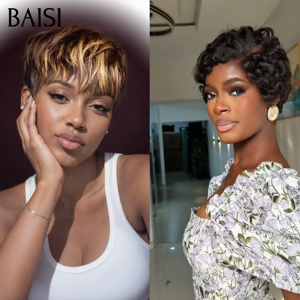BAISI 2 Courte 76€ pixie ou Pour 3 Perruques Vente Combinée 79€ 100% Cheveux Humains Fabriqué à la Machine