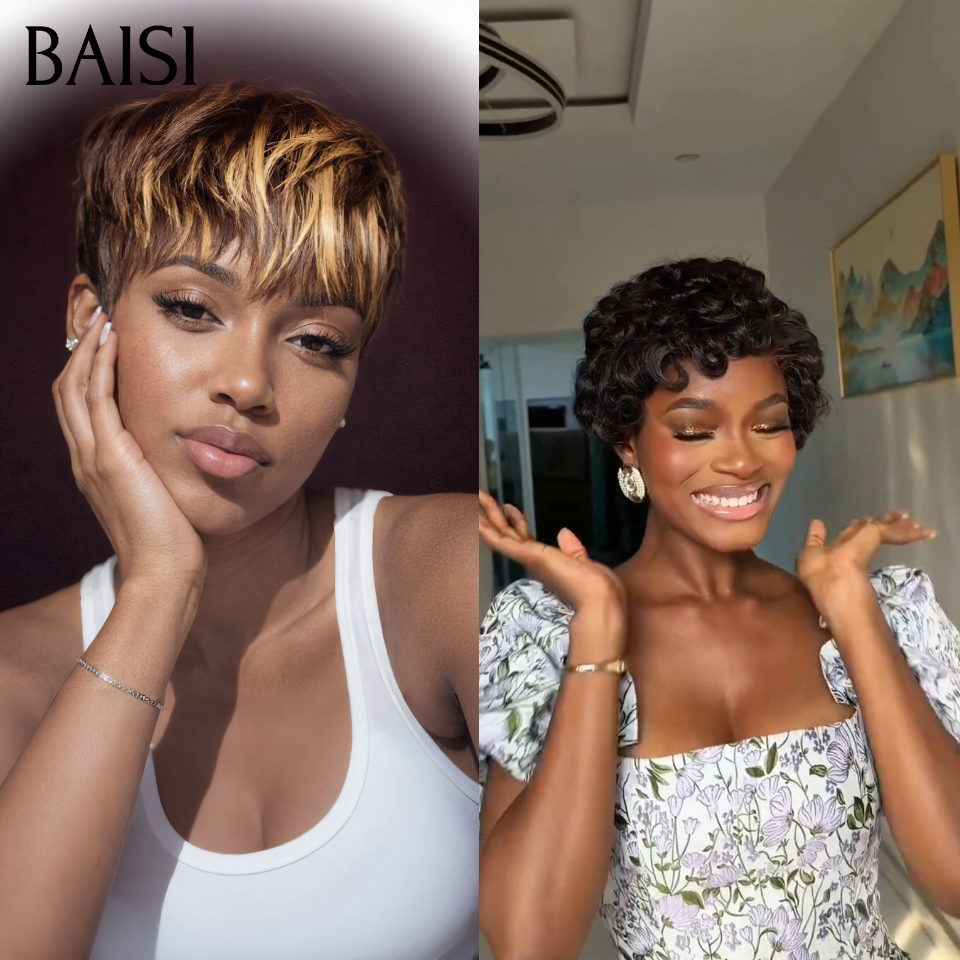 BAISI 2 Courte 76€ pixie ou Pour 3 Perruques Vente Combinée 79€ 100% Cheveux Humains Fabriqué à la Machine
