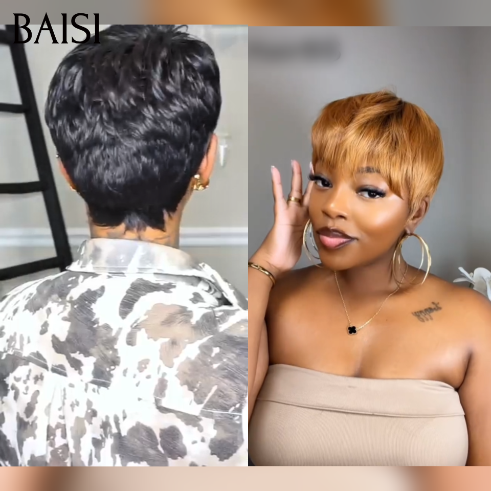 BAISI Grande Promo 2 perruques 75€ petite coupe fabriqué à la machine en couleur Miel et NOIR En 100% Cheveux Humains
