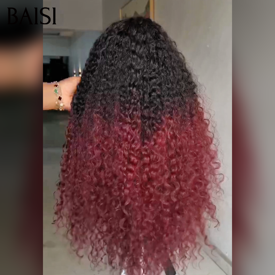 BAISI 13×4 Lace frontal Perruque Curly wave Moitié Prix en couleur Bordeaux 1BT99J# en 100% Cheveux Humains