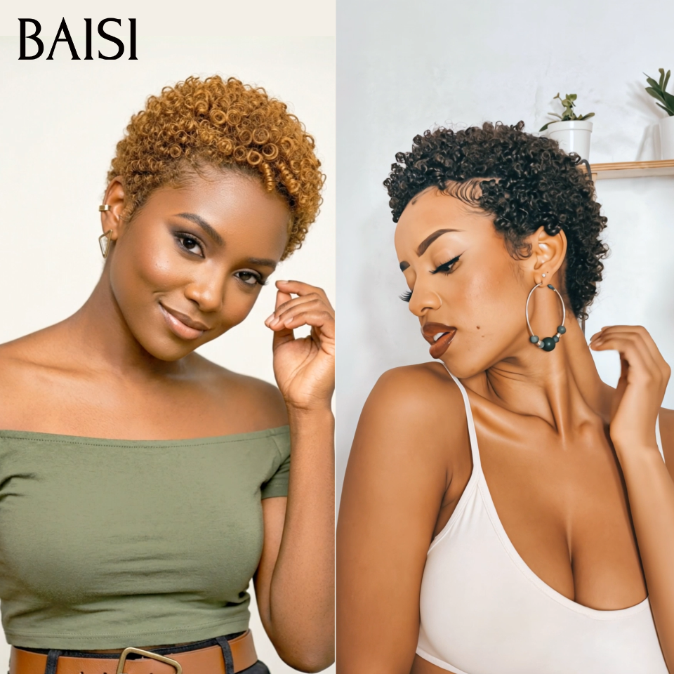 BAISI 2 Pixie Sans Colle 68€ Pixie afro curly ou 2 Perruques de Luxe Frontal 300€ Fabriquées par les cheveux double drawn 250% densité en 100% vrais cheveux humains