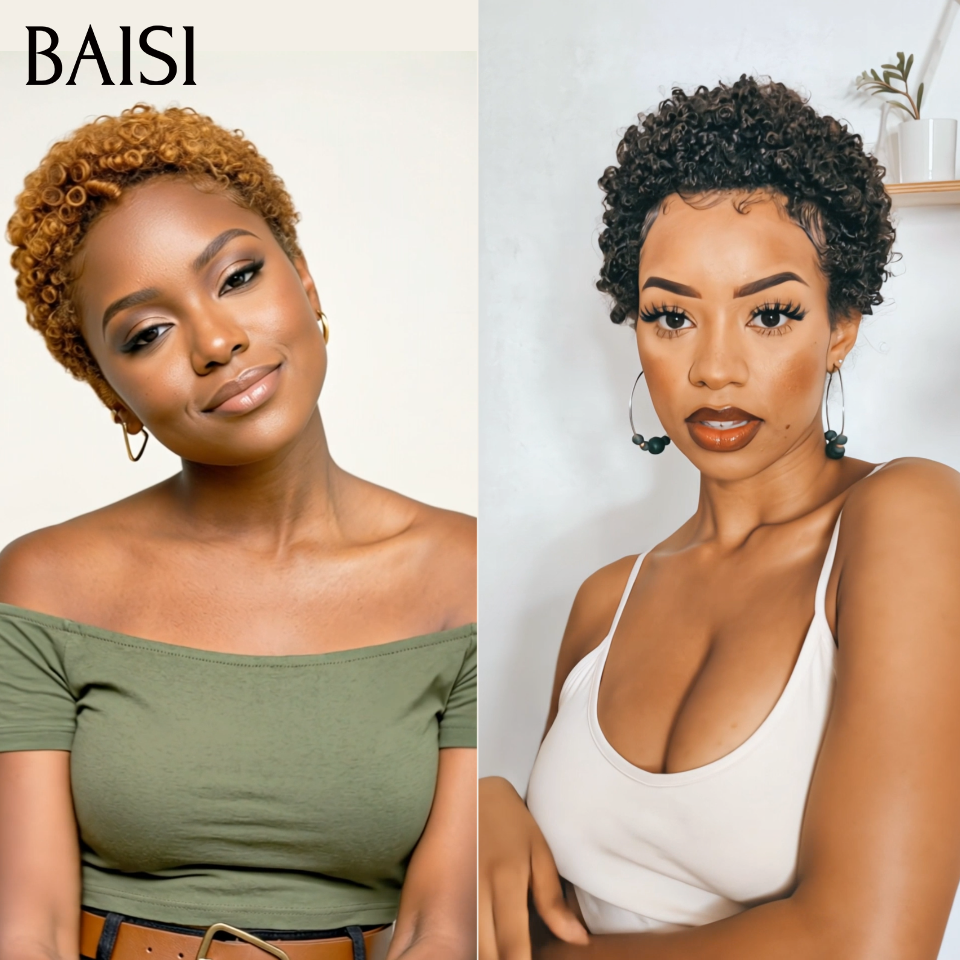 BAISI 2 Pixie Sans Colle 68€ Pixie afro curly ou 2 Perruques de Luxe Frontal 300€ Fabriquées par les cheveux double drawn 250% densité en 100% vrais cheveux humains