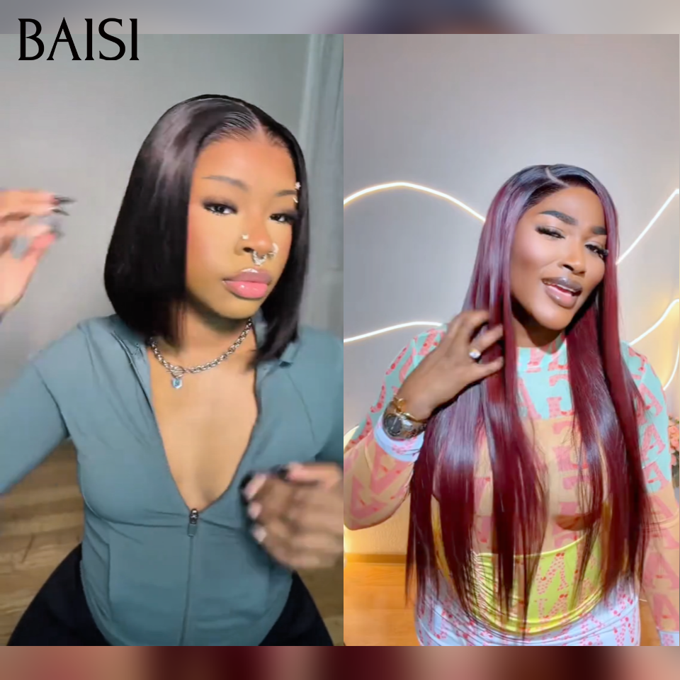 BAISI 2 Pour 149€ 13x4 Lace frontal Lisse 1BT99J# et blended human hair BOB ou Moitié Prix 69€ 13x4 lace frontal Perruque Bob lisse 10 Pouces en couleur Miel avec racine Marron en 100% Cheveux Humains