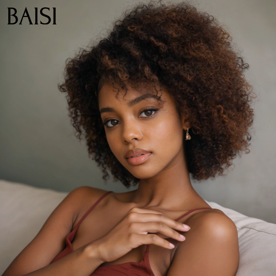 BAISI Grande Promo petite coupe fabriqué à la machine curly wave 68€ en couleur marron mixte miel En 100% Cheveux Humains