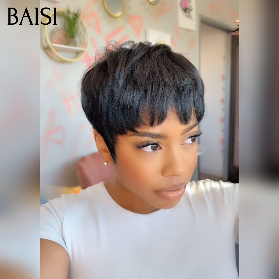 BAISI Promotion Polyvalent perruques sans Colle avec Frange noir Seulement 50€ Promotion en France en 100% vrais cheveux humains