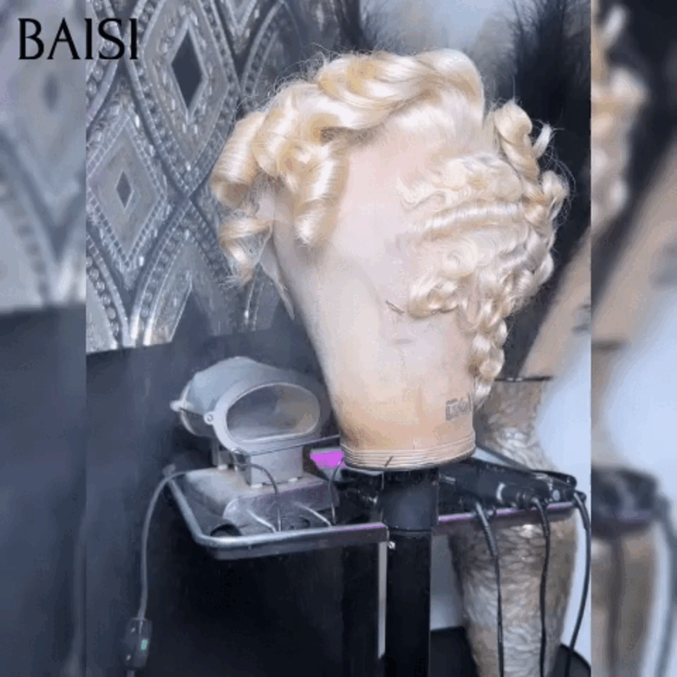 BAISI Perruque Full Lace 100% Cheveux Naturels Full Lace Perruque Pixie Naturelle Wave petite coupe en Couleur blonde 613# en 100% cheveux humains BS60