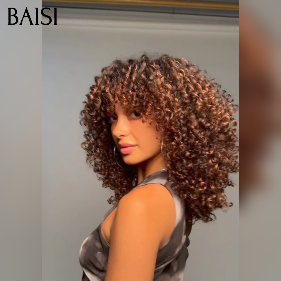 BAISI perruque duveteuse et respirante water wave avec Frange 12 Pouces Seulement 85€ ou 400% Volume 18 pouce perruque 189€ en couleur Marron mixte miel en 100% Cheveux Humains