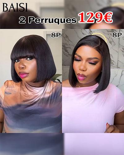 BAISI 2 Perruques 120€ 2X6 lace Lisse 8 Pouces et Sans lace Lisse 8 Pouces NOIR 250% densité DE luxe en 100% Cheveux Humains BS65