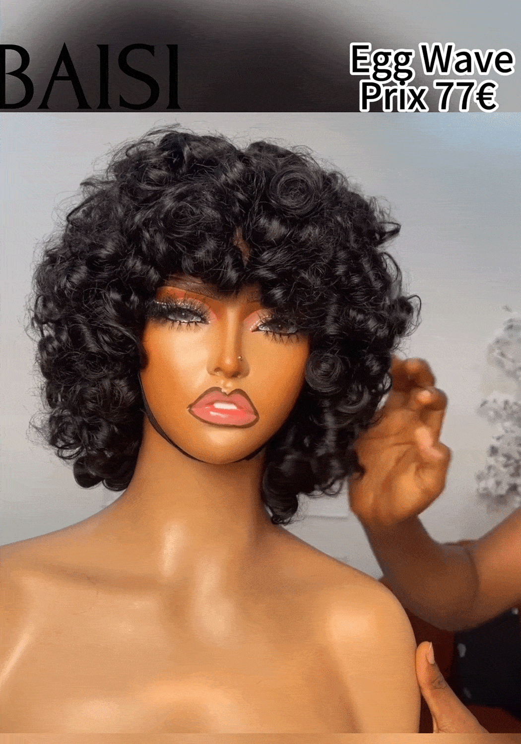 BAISI Offre Flash 77€ Perruque Bob EGG wave avec Frange en Noir Sans Lace en 100% Cheveux Humains