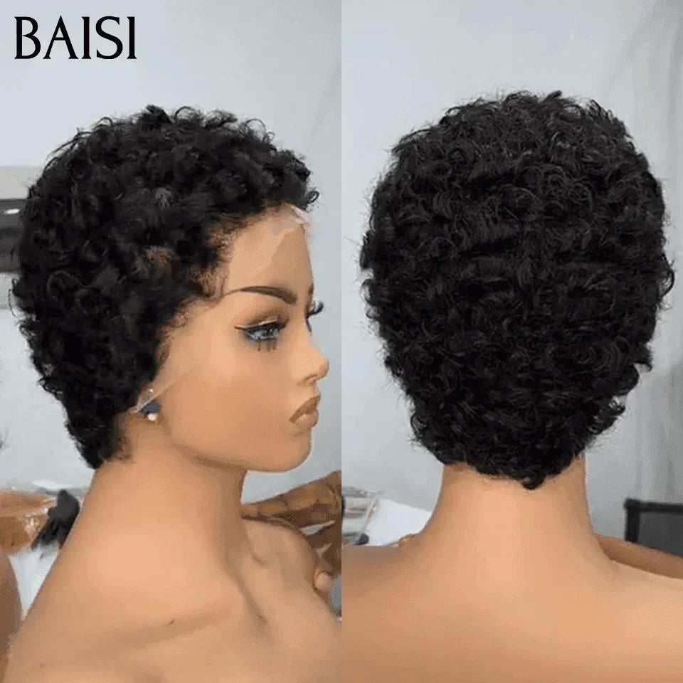 BAISI Flash Offer €55 13X4 Lace Frontal Pixie Wave Wig In Black Color in 100% Human Hair #996