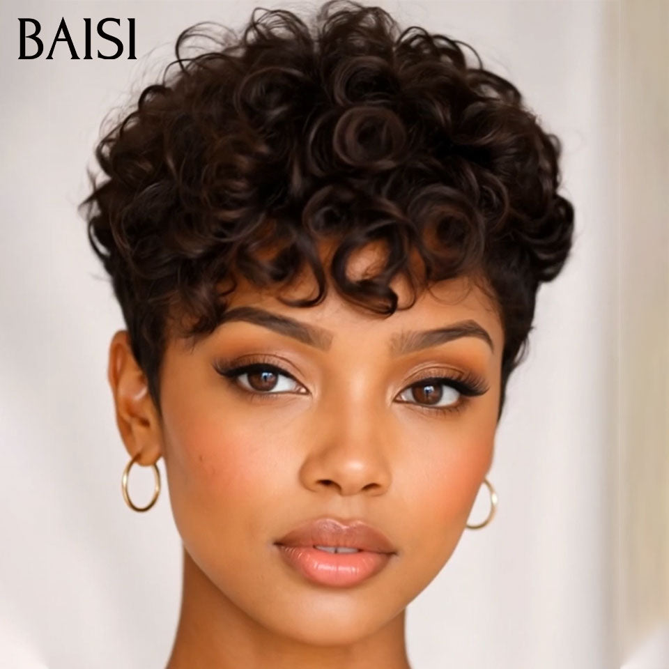 BAISI lot de Perruque 2 Bonne Qualité 149€ (curly wave frontale 16p + finger wave sans colle ) ou Pixie 13X4 lace Lisse 66€ Coiffure moitié prix 100% Cheveux Humains MP50