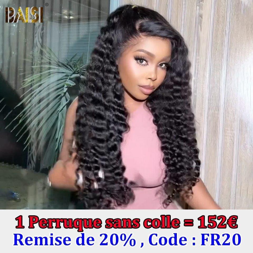 BAISI 4x4 Perruque Deep Wave 18 Pouce 152€ en Noir Sans Colle Lace déjà couper Facile à Porter en 100% Cheveux Humains