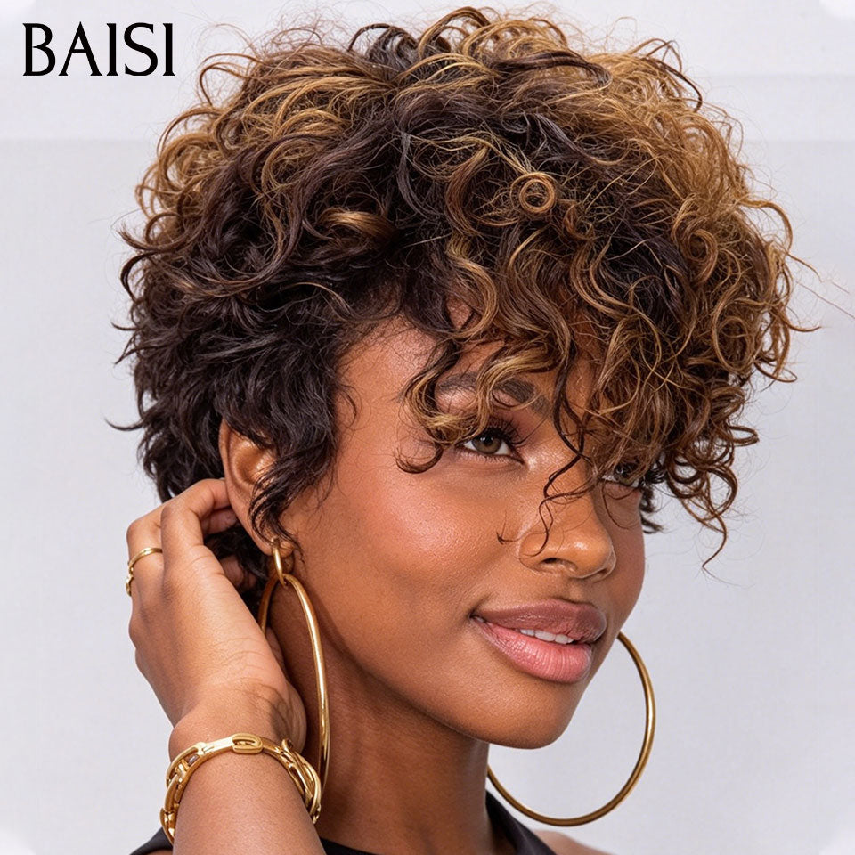 BAISI 5X5 Parrucca pixie riccia onde Colore Miele con Radice Marrone 4T27# 99€ in 100% Capelli Umani